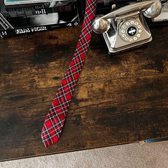 SOLD Cotton red plaid skinny neck tie - Picture 1 of 2